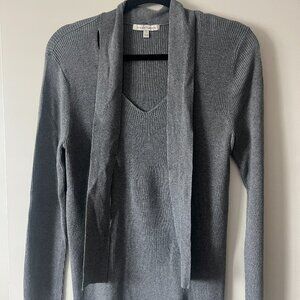 Gray V-neck Ribbed Sweater with Tie Neck Detail